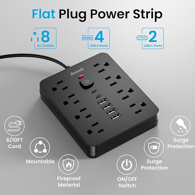 Bawmwim Surge Protector Power Strip, 8 Outlets(1250W/10A), 6 USB Charging Ports(2 USB C), 10FT Flat Plug Extension Cord Outlet Extender with Overload Protection, ETL Certified for Office, Dorm Room