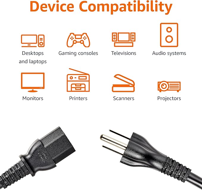Amazon Basics PC Power Cord, 25 feet, AC Power Cord for Monitor, Computer, TV, 3 Prong, 18 AWG, 125 Volts, Black