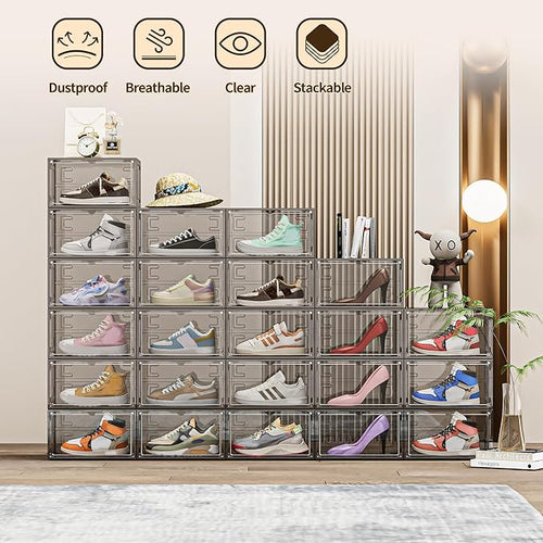10 Pack XX Large Shoe Organizer, Heavy-Duty Hard Thicken Plastic Clear Stackable Shoe Storage Box Organizer for Closet, Space-Saving Shoe Rack Display Case Bin Containers for Sneakers, Grey