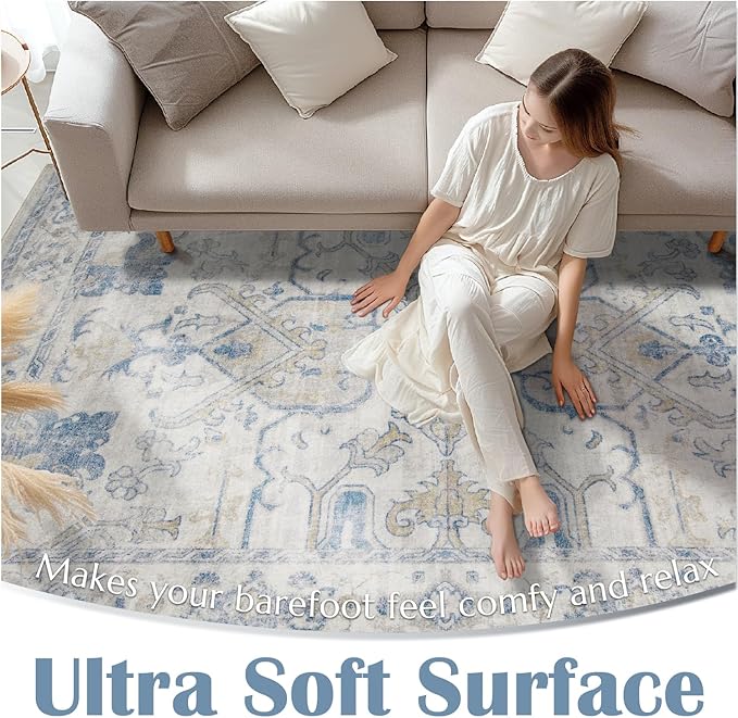 jinchan Hallway Runner Rug 3x8 Machine Washable - Vintage Floral Non-Slip Low-Pile Soft Ultra-Thin Faux Wool Kitchen Rug Distressed Carpet Runner for Farmhouse Bedroom Laundry Room (3x8ft, Blue)