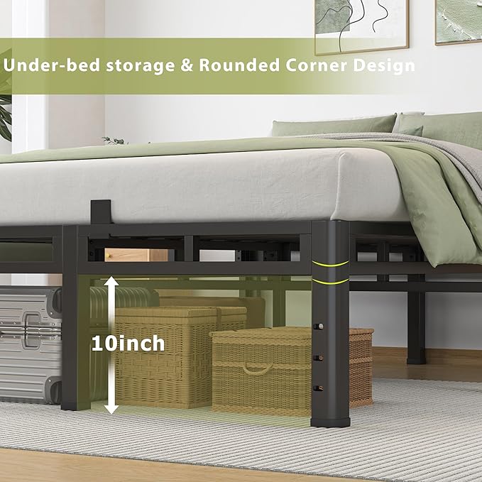 NKZ Queen Size Bed Frame 14 Inch, Metal Bed Frame & Box Spring 2 in 1 Platform with Round Corner Legs, 4000lbs Weight Capacity Reinforced Metal Frame, Headboard Hole, Noise-Free, Easy Assembly