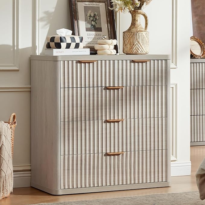 LEYAOYAO Fluted 5 Drawers Dresser for Bedroom Set of 2, 34" Tall Modern Chest of Drawers with Metal Handle, Curved Profile Design,Wood Drawer Organizer for Bedroom, Living Room, Hallway,Lightgrey