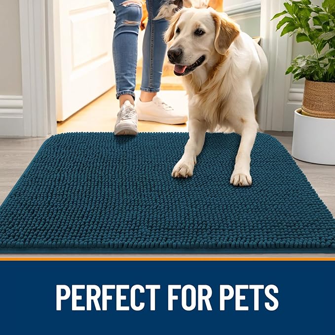 OLANLY Dog Door Mat for Muddy Paws 44x32, Absorbs Moisture and Dirt, Absorbent Non-Slip Washable Doormat, Quick Dry Chenille Mud Mat, Entry Indoor Entryway Carpet for Inside Floor, Atlantic Blue
