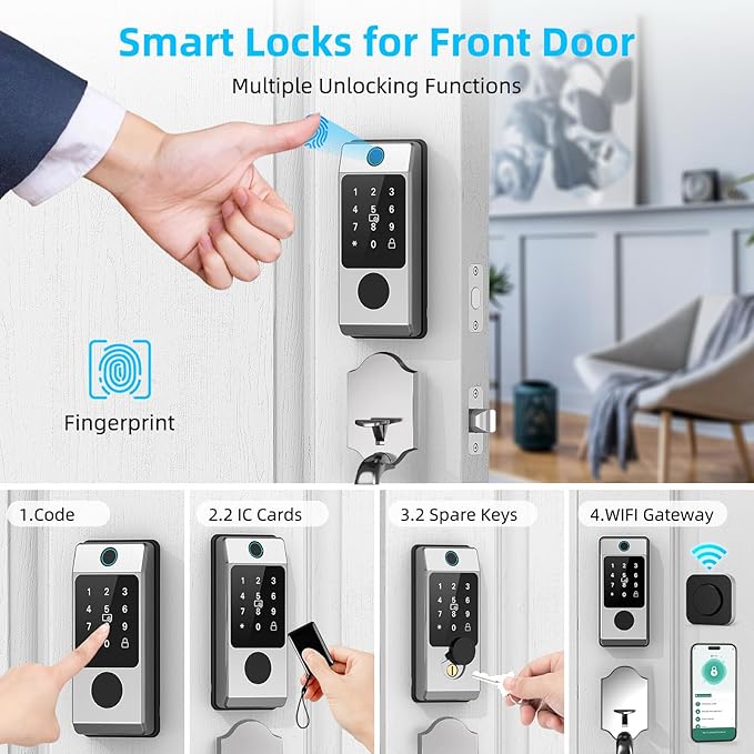WiFi Smart Locks for Front Door with Handle Sets, Keyless Entry Door Lock Fingerprint Deadbolt, Electronic Digital Touchscreen keypad, App Control, Easy to Install (Silver)