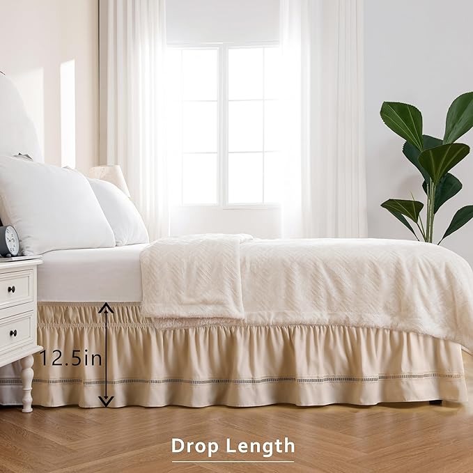MIYE Wrap Around Ruffled Lace Bed Skirt, Elastic Dust Ruffle with Adjustable Belts, Easy to Put On, Bed Frame Cover, Machine Washable (Ruffled Lace/Beige, King/Queen-12.5" Drop)