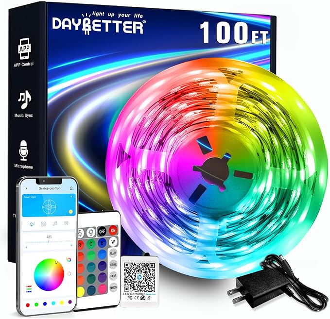 DAYBETTER LED Strip Lights 100ft RGB Lights Strip for Bedroom, Desk, Indoor Room Living Room Brithday Gifts Home Decor with Remote, 24V Power Supply