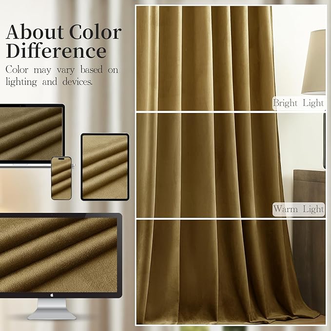 Velvet Curtains 102 Inches Long for Bedroom, Super Soft Room Darkening Thermal Insulated Curtains Luxury Window Drapes for Living Room Nursery, Back Tab Rod Pocket, Goldbrown, W52 x L102, 2 Panels