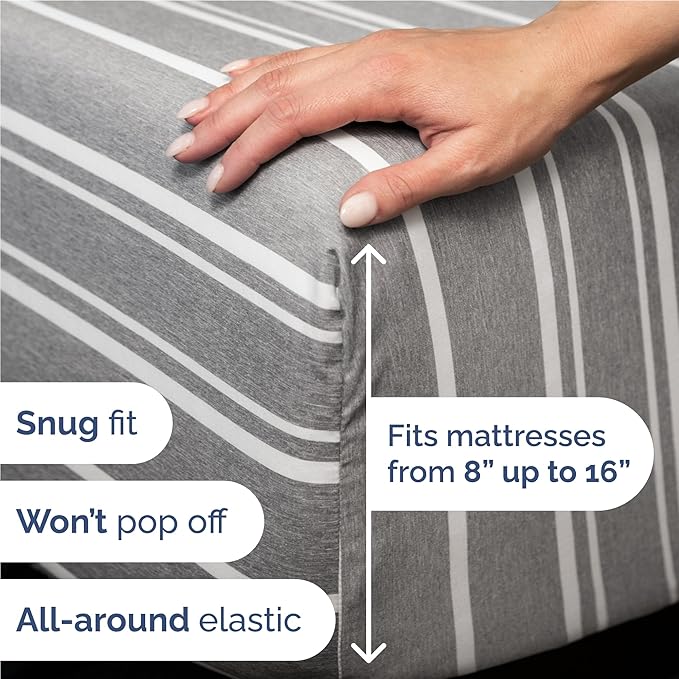 Full 6 Piece Sheet Set - Cooling, Comfy & Breathable - Hotel Luxury Bedding, Includes Fitted Sheet for Women, Men, Kids & Teens - 1 Flat, 1 Fitted Sheet, 4 Pillowcases w/Deep Pockets - Grey Stripes