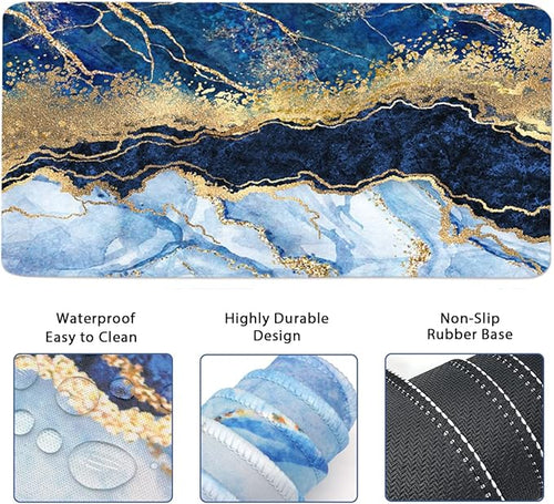 4-in-1 Large Gaming Mouse Pad, Keyboard Wrist Rest Pad & Wrist Support Mousepad Set, Extended Desk Pad Waterproof Desk Mat for Home Office Study Game - Blue Gold Marble