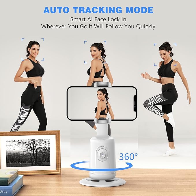 Auto Face Tracking Tripod, 360° Rotation Face Body Phone Camera Mount Smart Shooting Phone Tracking Holder with Remote,No App, Gesture Control,Smart Shooting Holder for Vlog, Streaming,Tiktok-White