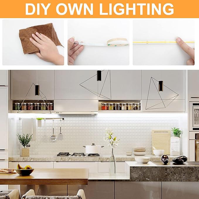 AXMOTUT White COB LED Strip Light, Dimmable 16.4ft/5m LED Light, 6000K Daylight White 2400 LEDs High Lumen LED Tape Lights CRI 90+ with RF Remote and UL Power for Bedroom,Kitchen,DIY Home Decoration