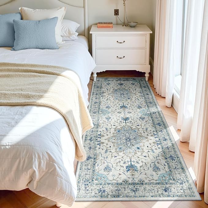 Area Rugs 3'x8' Washable Non-Slip, Floral Vintage Distress Print Pattern Medallion Carpet for Living Room Bedroom Dining Room, Light Blue Navy Beige Gray White