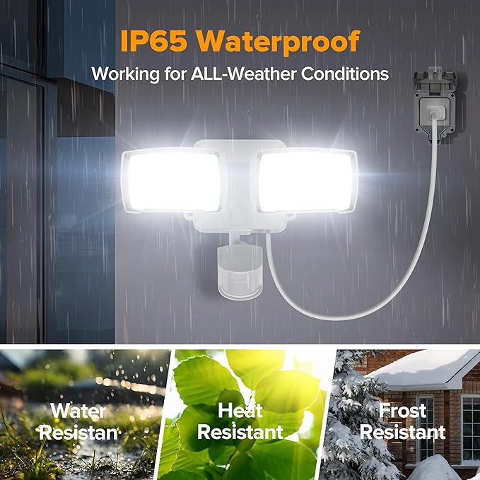 LUTEC 21W Plug in Motion Sensor Light Outdoor, Flood Lights Outdoor Motion Sensor,2500LM, 5000K Daylight,IP65 Waterproof,Adjustable 2 Heads Wall Light for Garage, Porch, Yard - White