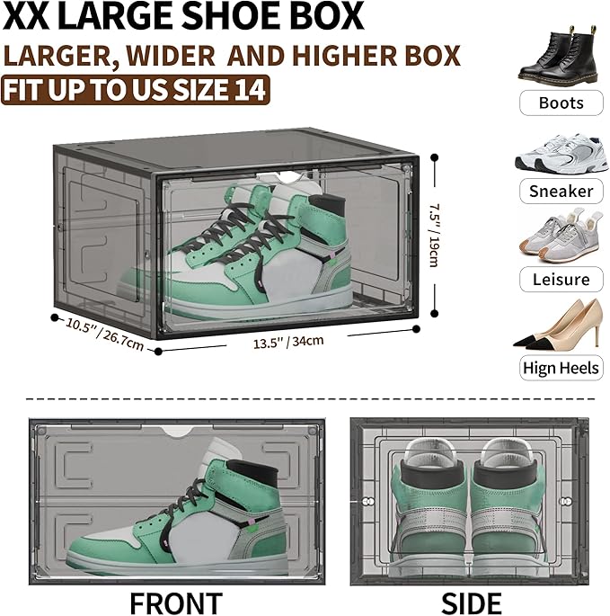 12 Pack XX Large Shoe Organizer, Heavy-Duty Hard Thicken Plastic Clear Stackable Shoe Storage Box Organizer for Closet, Space-Saving Shoe Rack Display Case Bin Containers for Sneakers, Grey