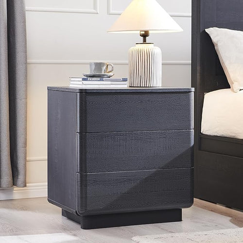 ACCOHOHO 22" Modern Nightstand Set of 2 with Charging Station, Push-to-Open Handleless 3-Drawer Bedside Table, Large End Table with Storage, Night Stand for Bedroom, Living Room, Curved Profile, Black