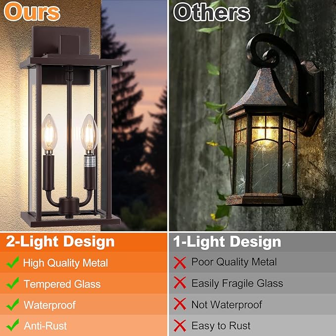 SIAFAVOI 2-Pack 16" Large Outdoor Wall Light Fixtures, 2-Light Exterior Front Porch Light, Brushed Outdoor Sconce Lights, Waterproof Farmhouse Lamp Lighting (Bronze, 16in No Sensor)