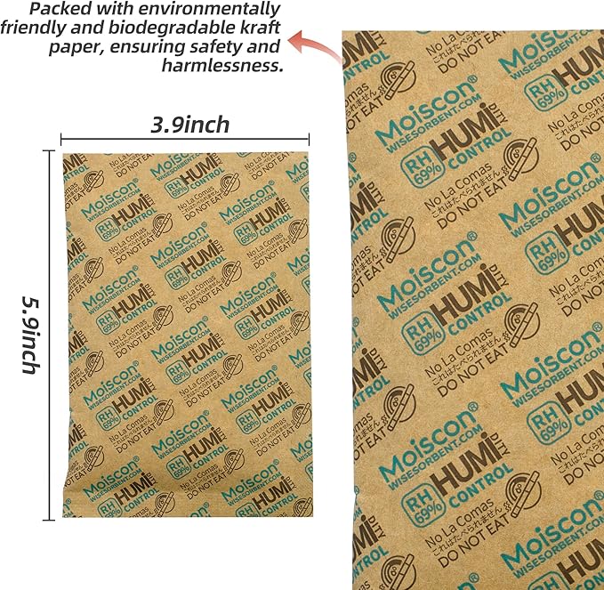 Wisesorb 60 Gram 5 Pack 69% Two-Way Humidity Control Packs, Size 60 for Plastic Travel Case & Zip Lock Bags & Wood Containers, 69 Humidity Pack Humidifier Moisture Control Packets Individually Wrapped