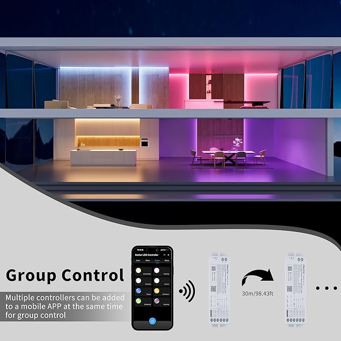 PAUTIX Matter WiFi LED Controller 5in1 ML5 Compatible with Tuya APP/Homekit/Smart Life/Alexa/Google Home/Siri, DC12-48V Dimmable Controller for Single Color/CCT/RGB/RGBW/RGBCCT LED Strip Lights