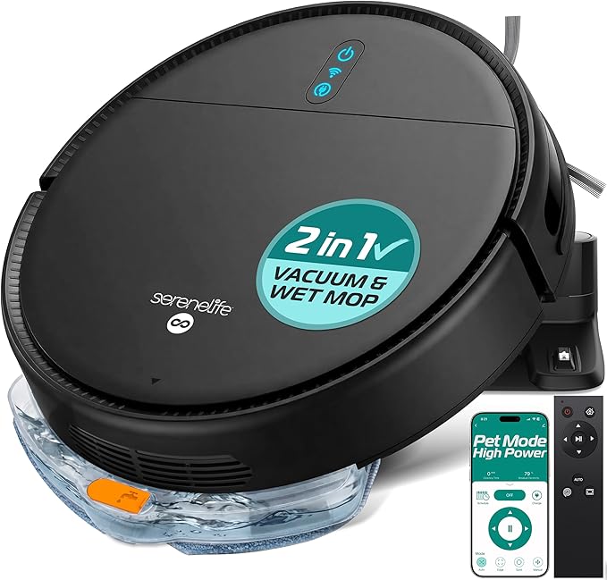 SereneLife Automatic Robot Vacuum Cleaner and Mop Combo, App Control, 3 Cleaning Modes, Smart Anti-Fall Sensors, Self-Charging, High Suction Ideal for Pet Hair, Carpet and Hard Floors, Black