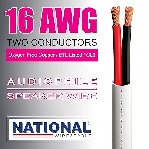 NATIONAL Wire&Cable - 16/2 Audiophile Speaker Wire (100 Feet) 16AWG Gauge - Made in USA - in Wall Audio Speaker Wire Cable/CL Rated/ETL Listed / 2 Conductors - OFC Oxygen-Free Copper, White 100ft