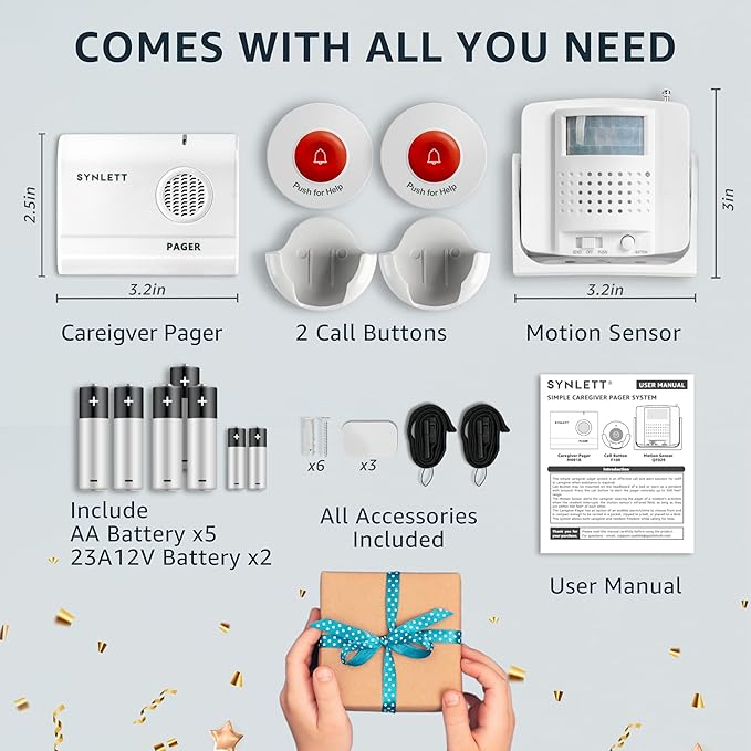 SYNLETT Caregiver Pager Wireless Call Buttons Motion Sensor Alarm Indoor for Elderly Monitoring Fall Prevention Bed Alarm Alert System Portable Nurse Call for Seniors Dementia Patients Emergency