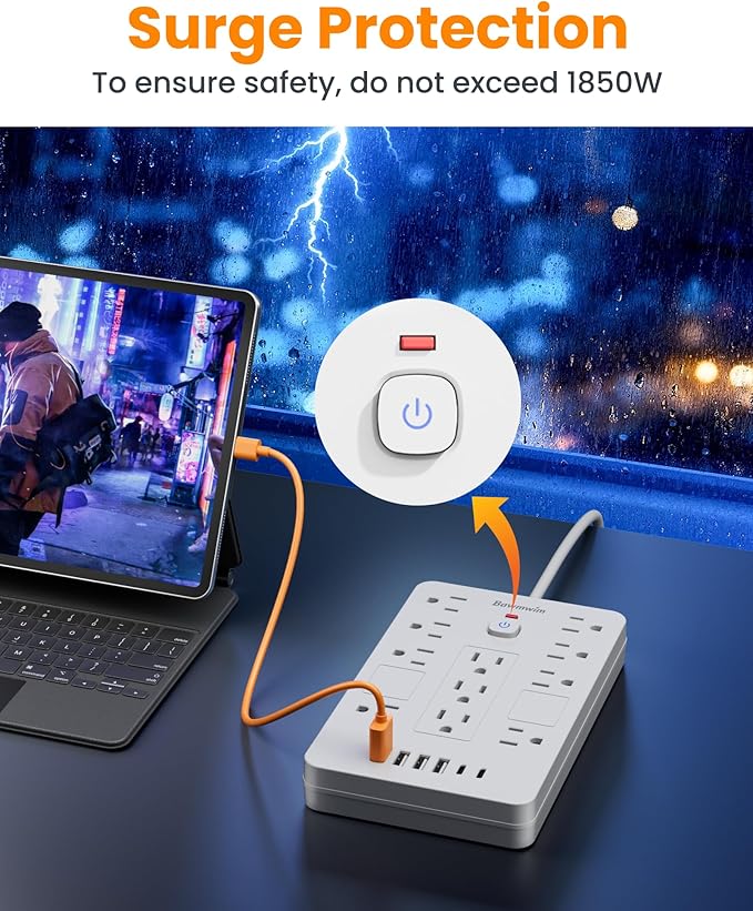 Bawmwim Surge Protector Power Strip - 11 Outlets(1850W/15A) with 6 USB Ports(2 USB C), 6FT Flat Plug Extension Cord, Wall Mount, White,Listed for Home, Dorm Room