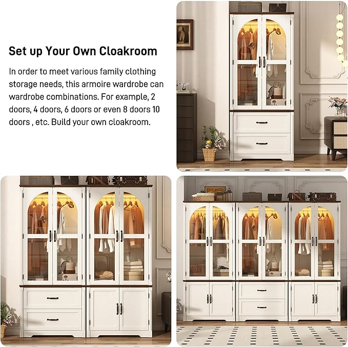 Tall Farmhouse 6 Doors Armoire Wardrobe Closet with LED ,72" Freestanding Arched Wardrobe Closet Cabinet for Bedroom w Glass Doors/Drawers,Wooden Clothing Storage Cabinet,Closets for Bedroom(White)