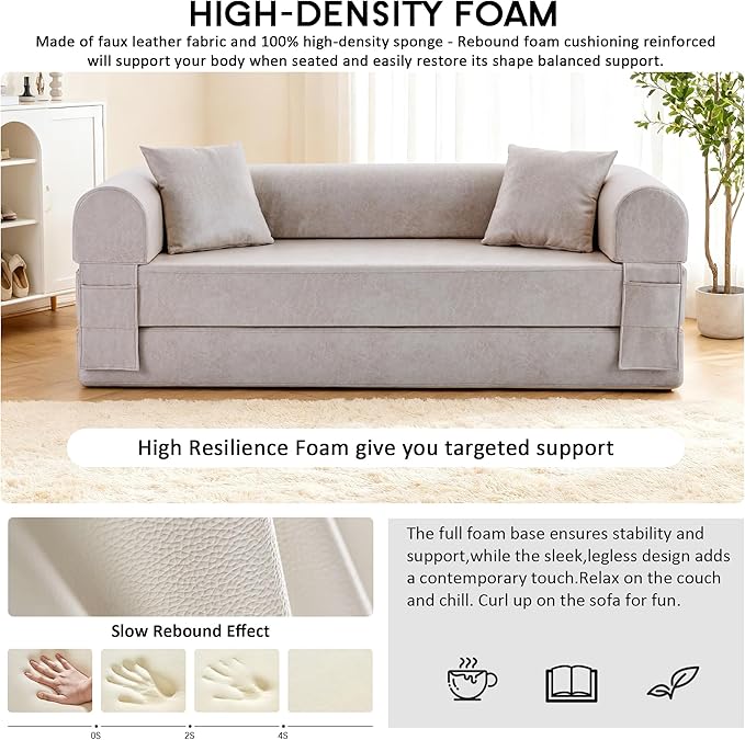78.5" Convertible Sleeper Sofa Bed, Faux Leather Folding Floor Sofa with Pullout Bed&2 Pillows, No Assembly Modern Boneless Couch Compression Sofa in Box with Storage Pocket for Living Room, Beige
