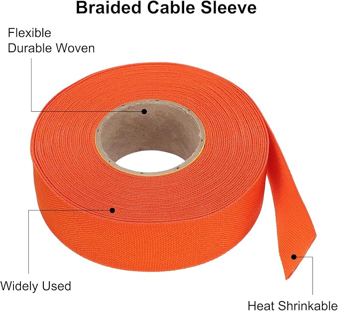 MECCANIXITY Braided Cable Sleeves Heat Shrinkable Fabric Sleeving, 1" 40ft Orange 2:1 Ratio Heat Shrinkable Cord Protector for Harness Cable, Network Cable Protection, Cable Management
