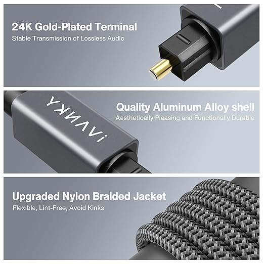 IVANKY Optical Audio Cable, 10ft Toslink Fiber Optic Cord, S/PDIF Digital Optical Audio Cable for Soundbar, Stereo Systems, Home Cinema, Xbox One/PS4/TV, Braided, Gold-Plated Connectors,3M,Grey
