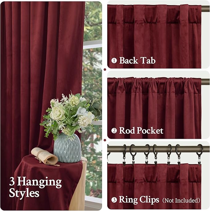 LAMIT Burgundy Red Velvet Curtains 72 Inch for Living Room, Vintage Thermal Insulated Panels Christmas Decor Room Darkening Back Tab and Rod Pocket Drapes for Bedroom/Theater, 2 Panels, 52 x 72 Inch