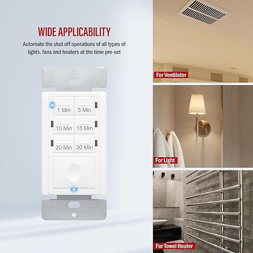 Enerlites Bathroom Timer Countdown Switch, HET06A-R | in-Wall Electrical Timer for Fans, Electrical Outlets, Indoor and Outdoor Lights,with On/Off Switch | White (Pack of 40)
