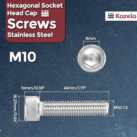 Kozelo 10pcs Socket Head Cap Screws - [M10-1.5 x 45mm] 304 Stainless Steel Allen Socket Drive for Electrical Motor 3D Printing Fan Engine Replacement Use, Silver