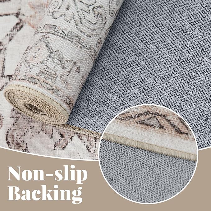 jinchan Lima Living Room Area Rug 10x12 - Low Pile Washable Stain Resistant Vintage Large Boho Rug Ultra-Thin Non Slip Floral Print Distressed Carpet for Bedroom Dining Room Farmhouse (10x12ft, Taupe)