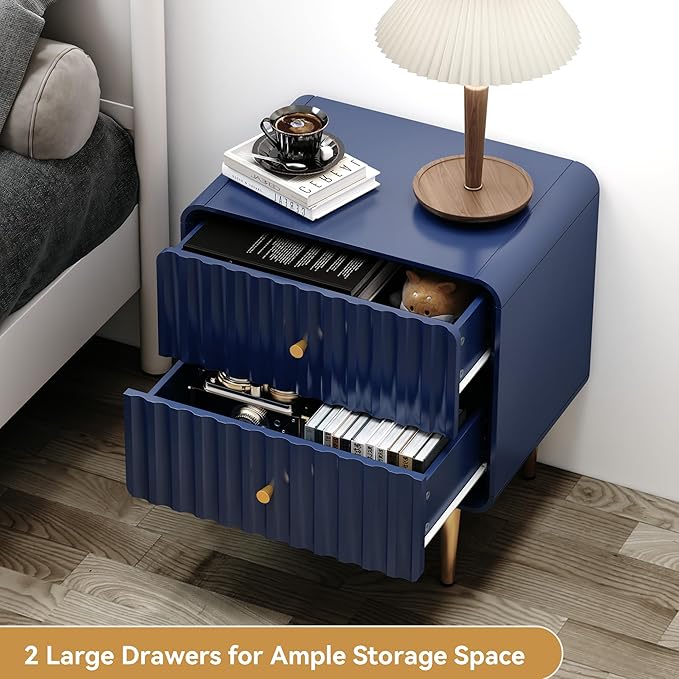 HLR Modern Nightstand Set of 2, Fluted Bed Side Table with 2 Drawers Storage, Wood End Table with Gold Metal Handle, Blue Night Stands for Bedroom