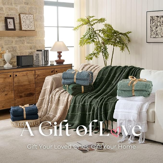 Boho Knitted Chenille Blanket with Tassels - Lightweight & Soft All-Season Throw - 3D Classic Pattern for Living Room Bedroom Couch, Imperial Green, King 90"x108"