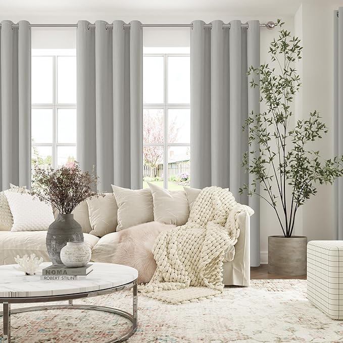 ChrisDowa 100% Blackout Light Grey Solid Curtains 90 Inches Long 2 Panels for Bedroom Living Room,Farmhouse Room Darkening Thermal Insulated Soundproof Grommet Top Window Treatment Drapes,52x90