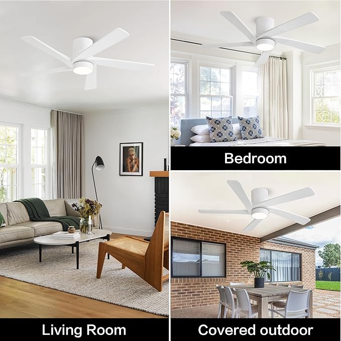 WINGBO 54 Inch Flush Mount DC Ceiling Fan with Lights and Remote, 5 Reversible Carved Wood Blades, 6-Speed Noiseless DC Motor, Hugger Ceiling Fans in White Finish, Low Profile Ceiling Fan, ETL Listed