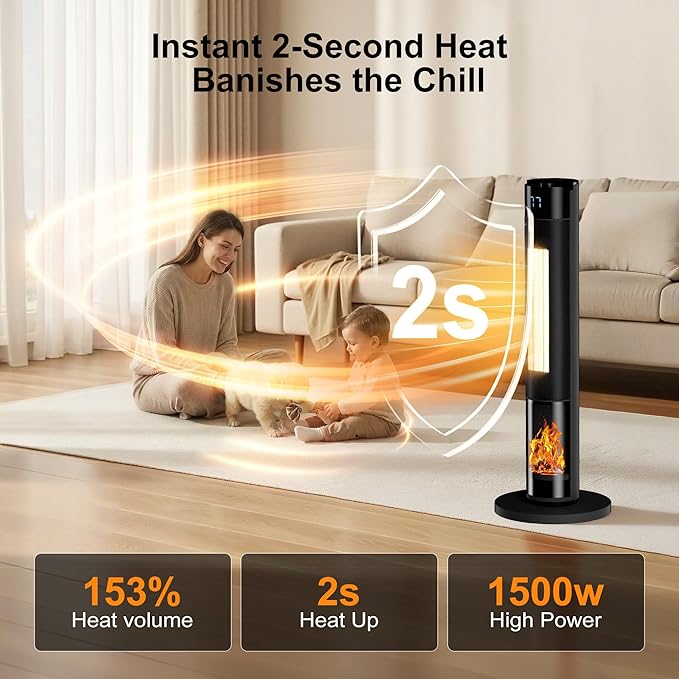 YEW Space Heater for Indoor Use, 34" Portable Electric Room Heater with Remote, 80° Oscillating, 24H Timer, Thermostat & ECO Mode, Ceramic Tower Heater for Large Room,Bedroom,Office