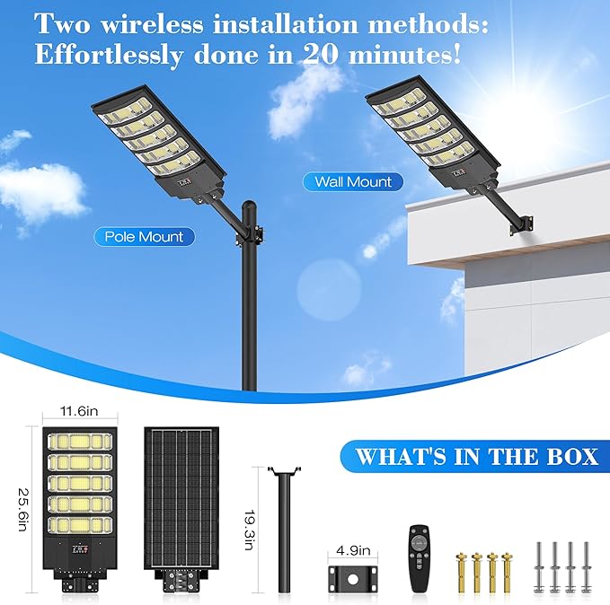 OKPRO Solar Street Lights Outdoor,10000W Solar Lights Outdoor Waterproof with Motion Sensor, IP66 Solar Security Flood Lights for Yard, Pathway, Parking Lot - 350° Wide Angle & Remote Control Included