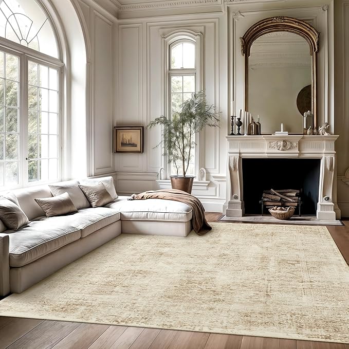 5x7 Area Rugs Brown Low Pile Indoor Washable Trendy Faded Style Floral Rugs for Bedroom Living Room Dining Room Foldable Non-Slip Thin Print Mat