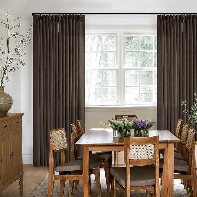 Dark Chocolate Pinch Pleated Linen Curtains 96 Inches Long 2 Panels for Living Room Bedroom Memory Training Brown Semi Sheer Pleat Drapes with Hooks Rings Light Filtering Window Curtain 40x96