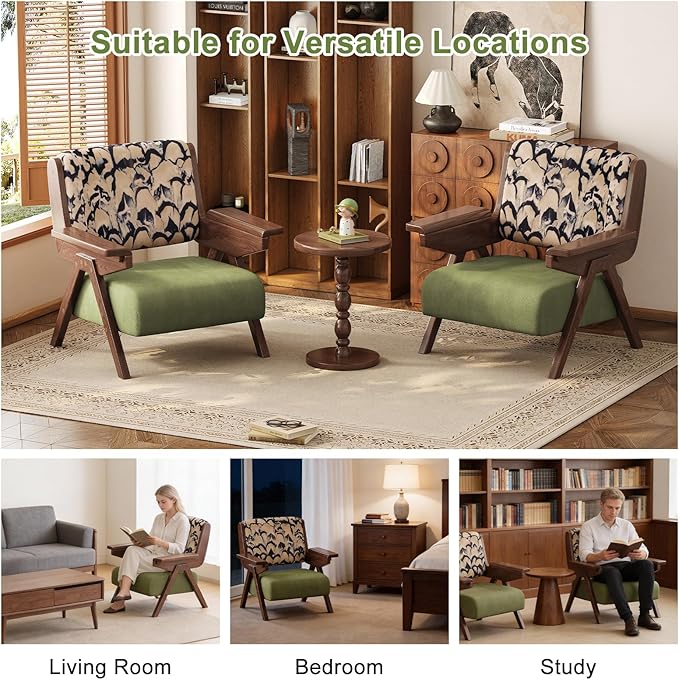 Mid Century Modern Accent Chair, Fabric Upholstered Lounge Arm Chair with Solid Wood Frame for Living Room, Bedroom, Office, Reading Corner (Feather Print, Set of 2)