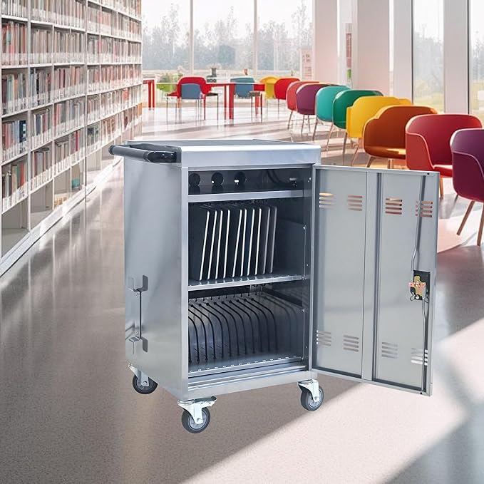 Aokleo Laptop Charging Cart,32 Devices Tablet Storage Carts for Pad Up to 16.3" Screen Size, Classroom Computer Mobile Charging Station for Pads,Chromebooks,Laptops,Security Storage (30+2 Bay-Silver)