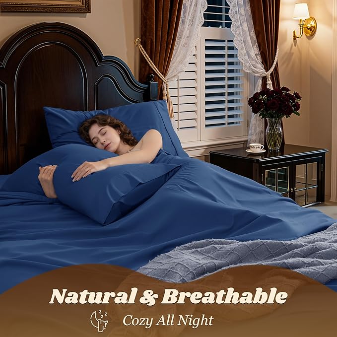 LBRO2M 1000 Thread Count 100% Cotton Sheets Set,California King Size Bed Sheet 4 Piece Sets,Long Staple,16 Inches Deep Pocket,All Season,Bedding Super Soft Comforterble Breathable(Navy Blue)