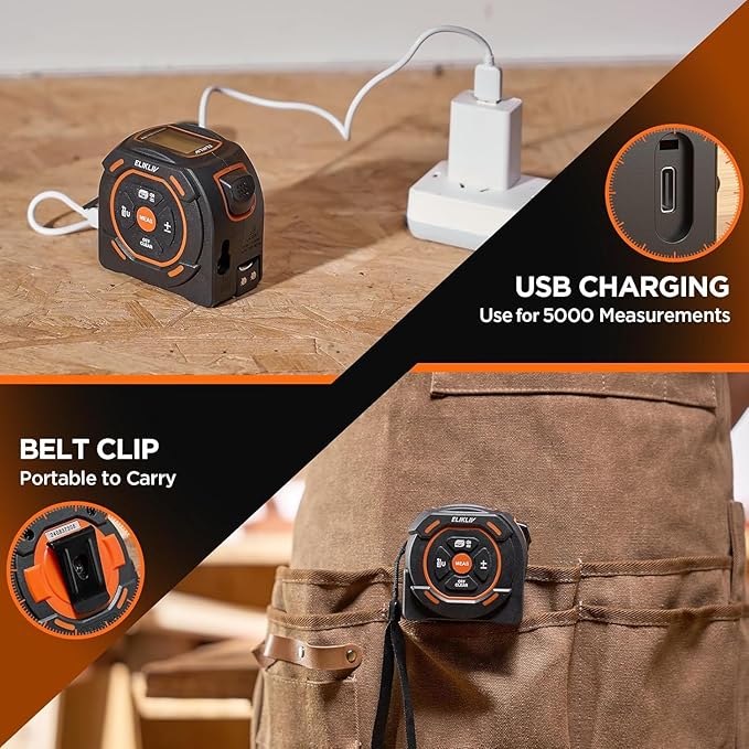 Laser Tape Measure 2-in-1, 197Ft Laser Distance Meter & 16Ft Digital Tape Measure, with LCD Display, Pythagorean Mode, Area/Volume Calculation, USB-C Rechargeable for Woodworking and Construction