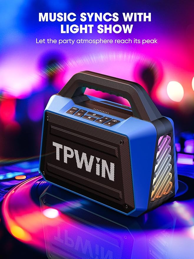 TPWIN Portable Bluetooth Speakers Loud - Wireless Speaker 80W Peak, Light Show, 20H Playtime, Strong Bass, BT 5.3, TWS, IPX6 Waterproof for Outdoor Travel Beach Camping - Blue