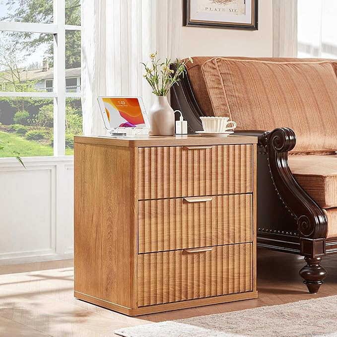 LEYAOYAO Fluted Dresser and 3 Drawers Nightstand Set of 2, Wood 48" Wide Dresser & 23" Night Stand with Charging Station, 3 Piece Bedroom Furniture Set, Chest of Drawers for Home,Living Room,Brown