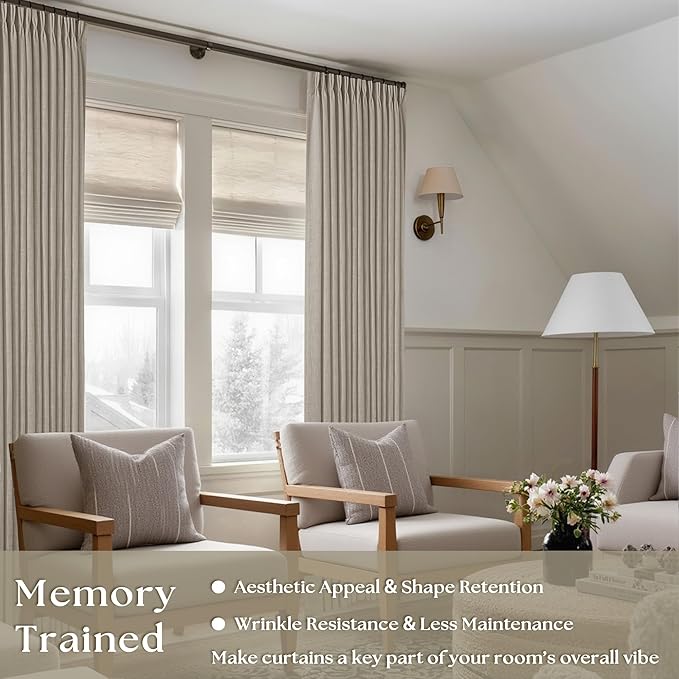 Pinch Pleat Linen Curtains 108 Inches Long 70 Inch Wide for Patio Sliding Door Light Filtering Semi Sheer Pleated Drapes Back Tab Burlywood Taupe Extra Wide 70 x 108 Curtain for Living Dining Room
