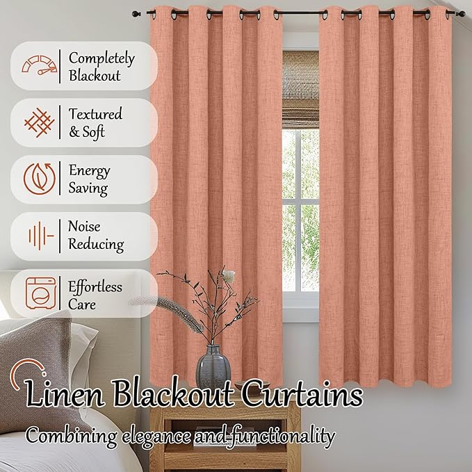 Linen Blackout Curtains 72 Inch Long for Bedroom, 100% Black Out Fall Curtains for Bedroom Living Room, Light Blocking Thermal Insulated Window Curtains, Each 52x72 Inch 2 Panels, Terracotta